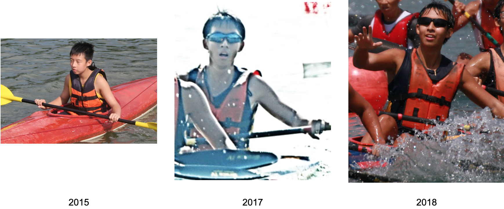 Three photos from 2015, 2017, and 2018 showing a young male kayaker wearing a life vest on water.